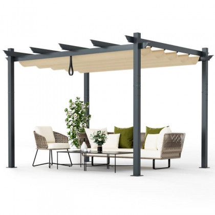 FaFurn - Gazebo with Retractable Canopy in Beige, Metal/Polyester