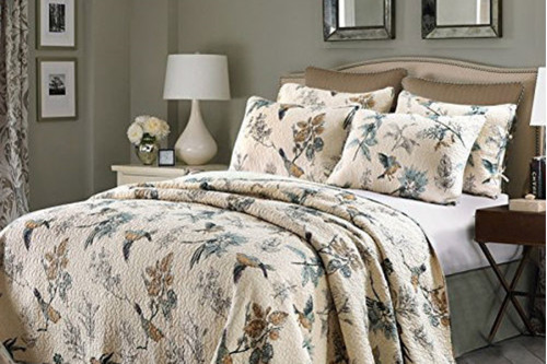 FaFurn™ - Twin Size 2-Piece Cotton Quilt Bedspread Set with Floral Birds Pattern