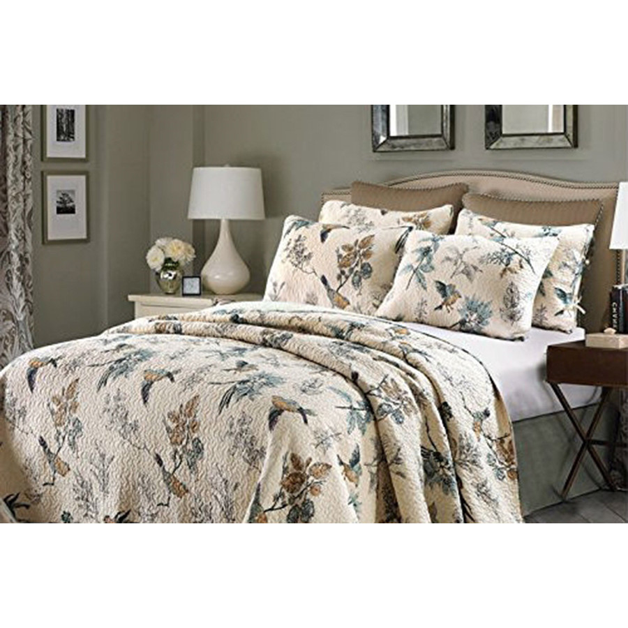 FaFurn - Twin Size 2-Piece Cotton Quilt Bedspread Set with Floral Birds Pattern