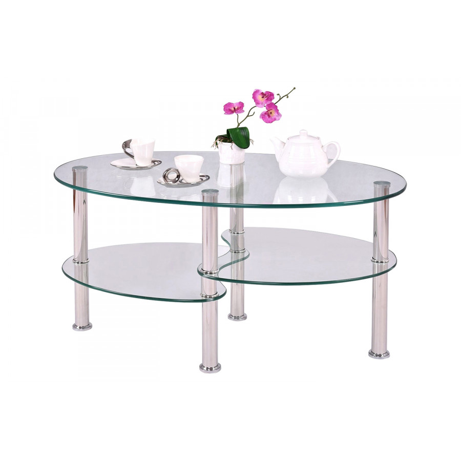 FaFurn - Modern Oval Tempered Glass Coffee Table with Bottom Shelf