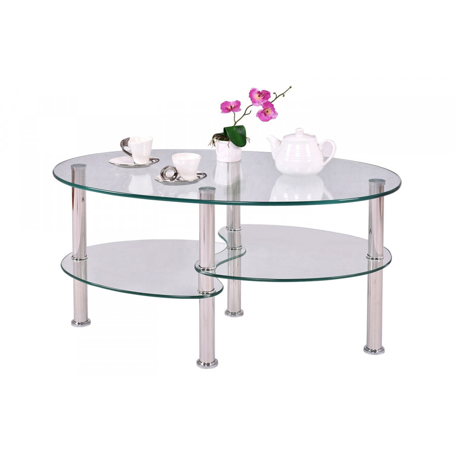 FaFurn Modern Oval Tempered Glass Coffee Table with Bottom Shelf - Clear/Chrome