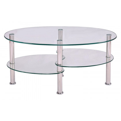 FaFurn Modern Oval Tempered Glass Coffee Table with Bottom Shelf - Clear/Chrome