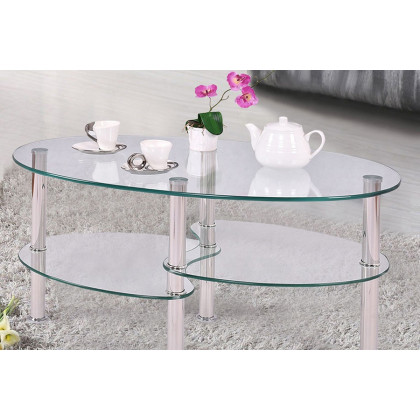 FaFurn Modern Oval Tempered Glass Coffee Table with Bottom Shelf - Clear/Chrome