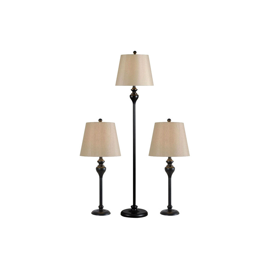 FaFurn - 3-Piece Floor Lamp and Table Desk Lamp Set in Black with Light Gold Drum Shades