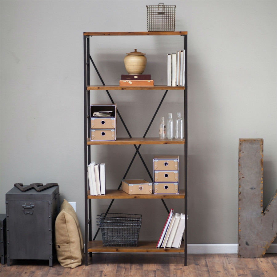 FaFurn - 5-Shelf Bookcase with Fir Wood Shelves 68-inch Tall in Rustic Bronze, Metal/Wood