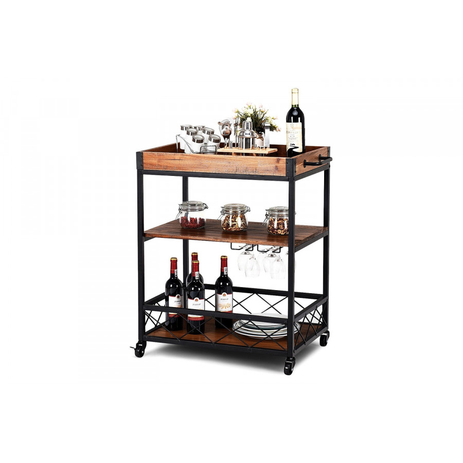FaFurn - Wood Iron Kitchen Cart with Removeable Tray Top and Wheels