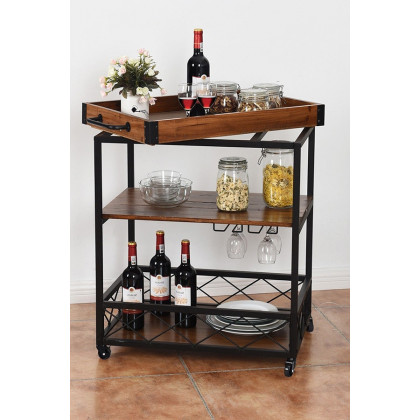 FaFurn - Wood Iron Kitchen Cart with Removeable Tray Top and Wheels