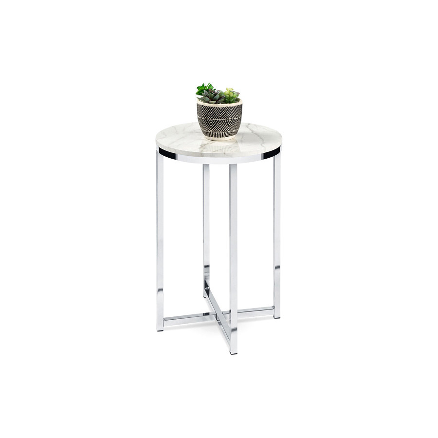 FaFurn Round Cross Leg Design Coffee Side Table Nightstand with Faux Marble Top - White/Chrome