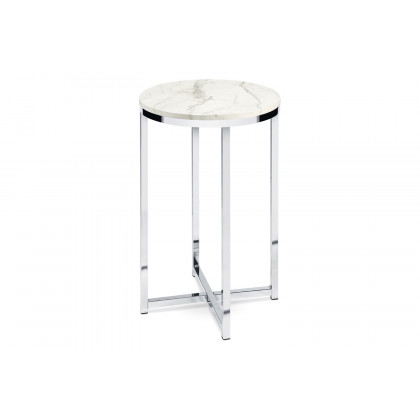 FaFurn Round Cross Leg Design Coffee Side Table Nightstand with Faux Marble Top - White/Chrome