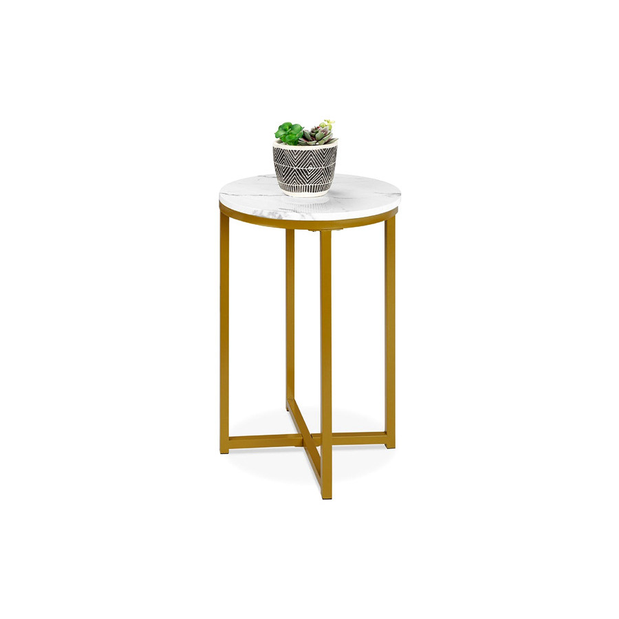 FaFurn Round Cross Leg Design Coffee Side Table Nightstand with Faux Marble Top - White/Gold