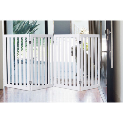 FaFurn - Folding 4-Panel Dog Gate Pet Fence in White Wood Finish