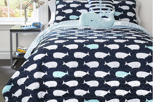FaFurn™ - Full/Queen 5 Piece Bed in a Bag Navy Teal Microfiber Waves Whales Quilt Set