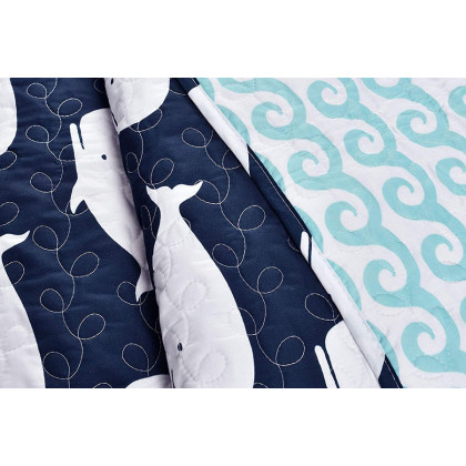 FaFurn - Full/Queen 5 Piece Bed in a Bag Navy Teal Microfiber Waves Whales Quilt Set