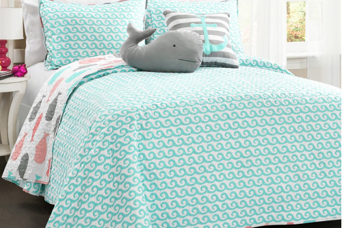 FaFurn™ - Full/Queen 5 Piece Microfiber Quilt Set in Teal Pink Aqua Waves Whale Pattern