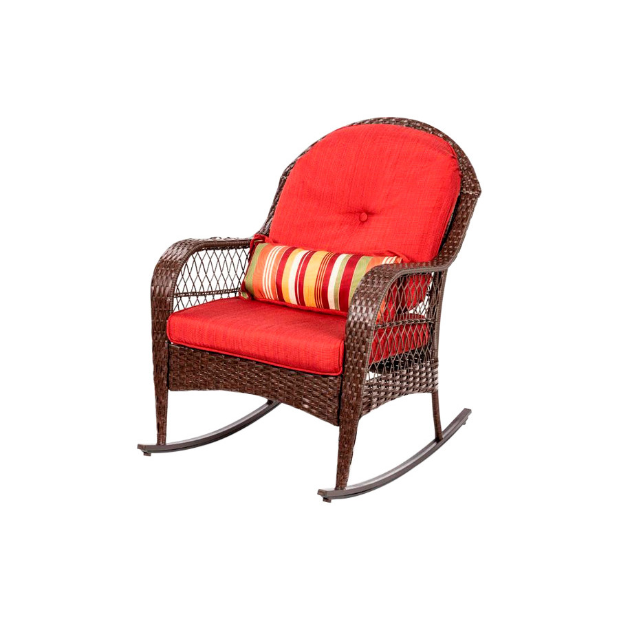 FaFurn - Outdoor Patio Rocking Chair with Red Cushions and Accent Pillow in Brown, Wicker/Steel/Fabric