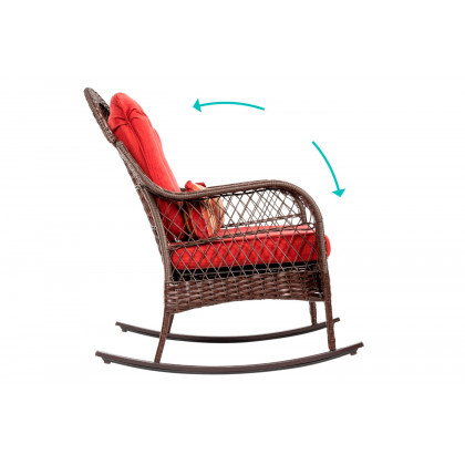 FaFurn - Outdoor Patio Rocking Chair with Red Cushions and Accent Pillow in Brown, Wicker/Steel/Fabric