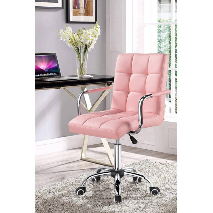 FaFurn Modern Faux Leather Mid-Back Office Chair with Armrests and Wheels - Pink/Chrome