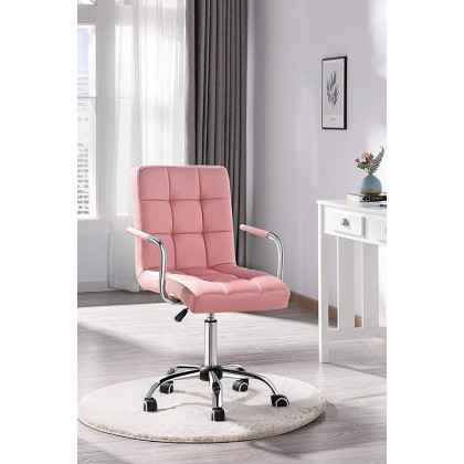 FaFurn Modern Faux Leather Mid-Back Office Chair with Armrests and Wheels - Pink/Chrome