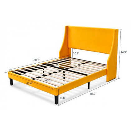 FaFurn Queen Size Platform Bed with Wingback Headboard - Yellow, Fabric