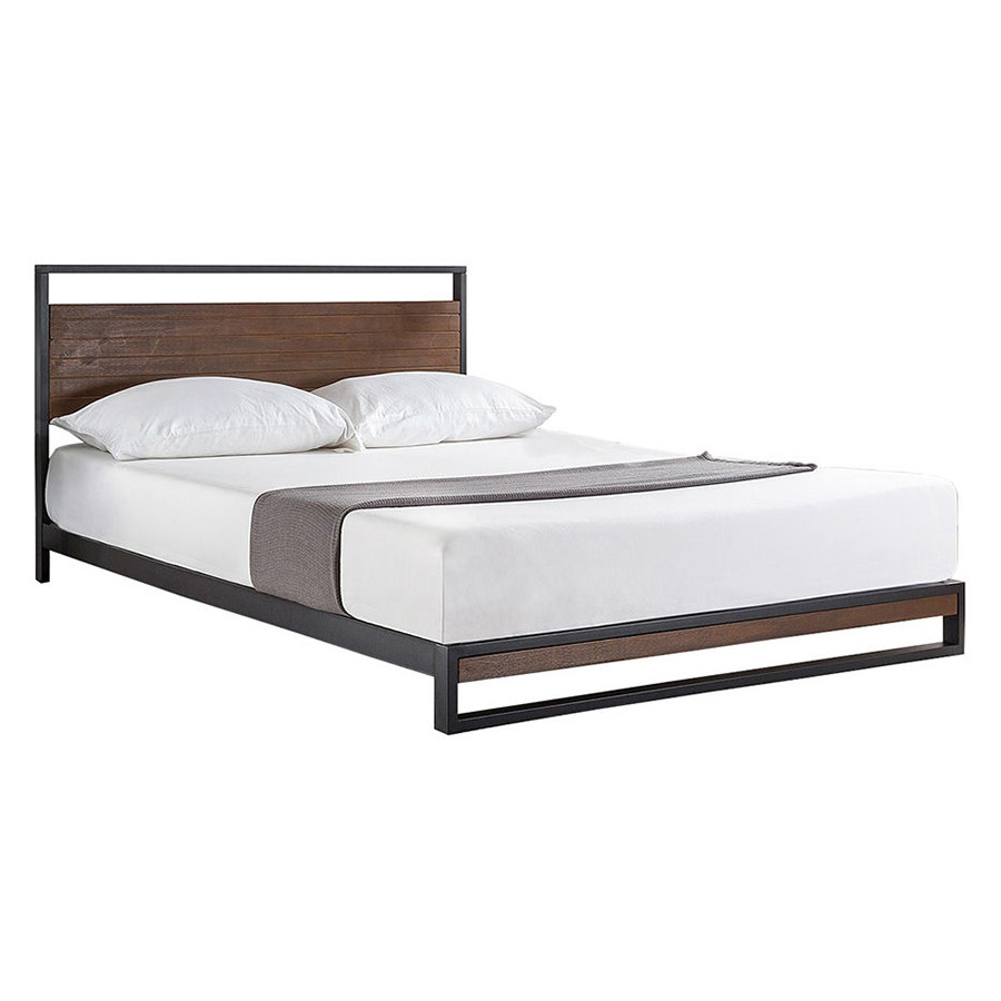 FaFurn Metal Wood Platform Bed Frame with Headboard - Queen Size