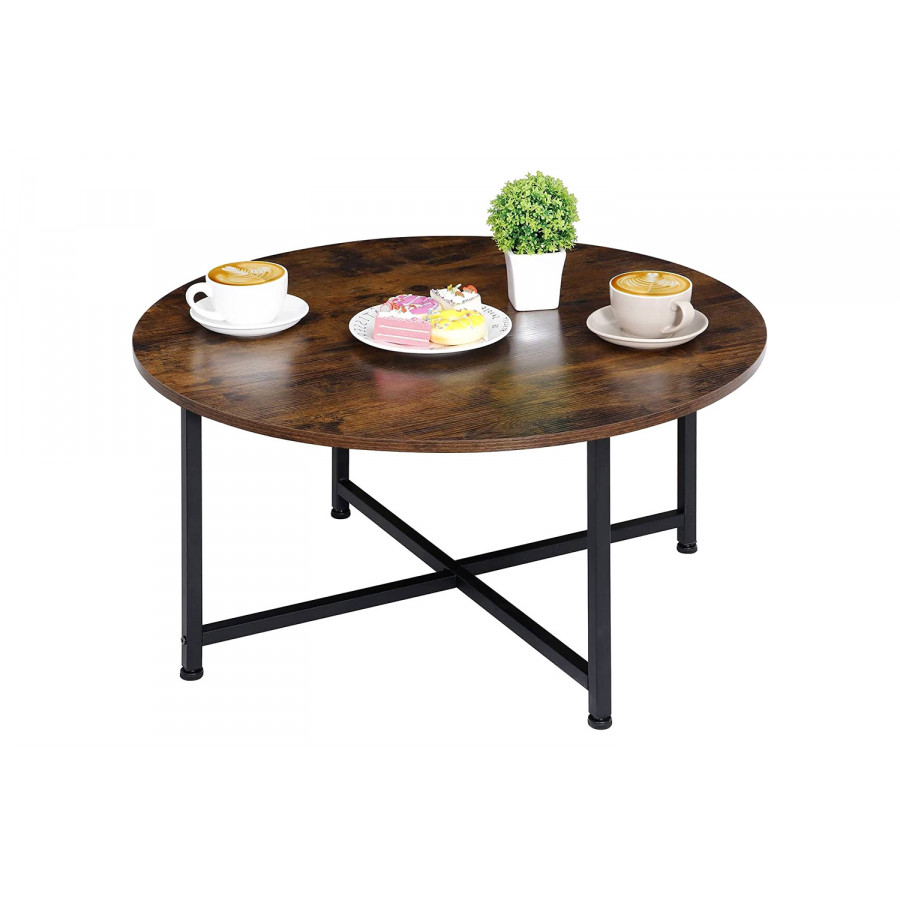 FaFurn - Modern Round Industrial Coffee Table with Rustic Brown Wood Top