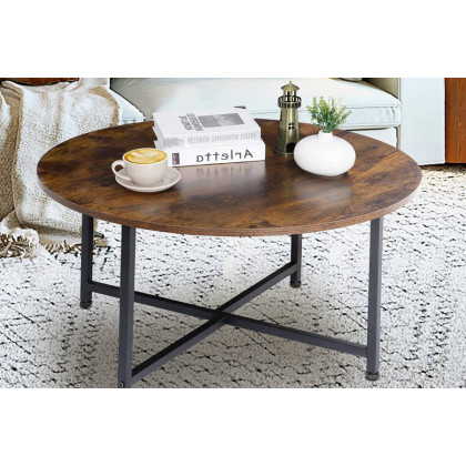 FaFurn - Modern Round Industrial Coffee Table with Rustic Brown Wood Top