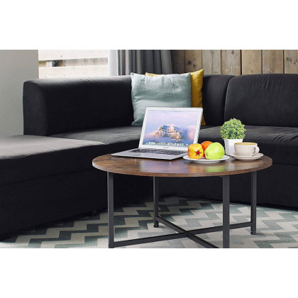 FaFurn - Modern Round Industrial Coffee Table with Rustic Brown Wood Top