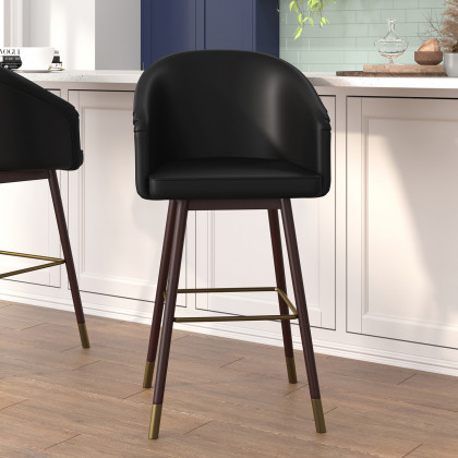 BLNK - Margo Commercial LeatherSoft Mid-Back Modern Bar Stool with Walnut Finish Beechwood Legs and Curved Back Set of 2