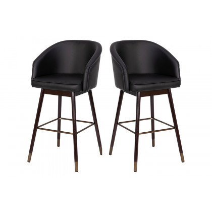 BLNK Margo Commercial LeatherSoft Mid-Back Modern Bar Stool with Walnut Finish Beechwood Legs and Curved Back Set of 2 - Black