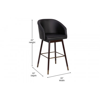 BLNK Margo Commercial LeatherSoft Mid-Back Modern Bar Stool with Walnut Finish Beechwood Legs and Curved Back Set of 2 - Black