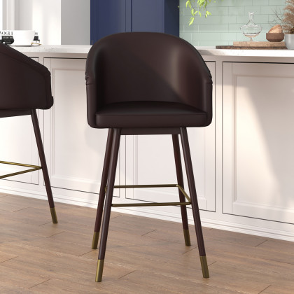 BLNK - Margo Commercial LeatherSoft Mid-Back Modern Bar Stool with Walnut Finish Beechwood Legs and Curved Back Set of 2