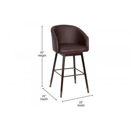 BLNK Margo Commercial LeatherSoft Mid-Back Modern Bar Stool with Walnut Finish Beechwood Legs and Curved Back Set of 2 - Brown