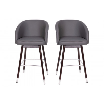 BLNK Margo Commercial LeatherSoft Mid-Back Modern Bar Stool with Walnut Finish Beechwood Legs and Curved Back Set of 2 - Gray