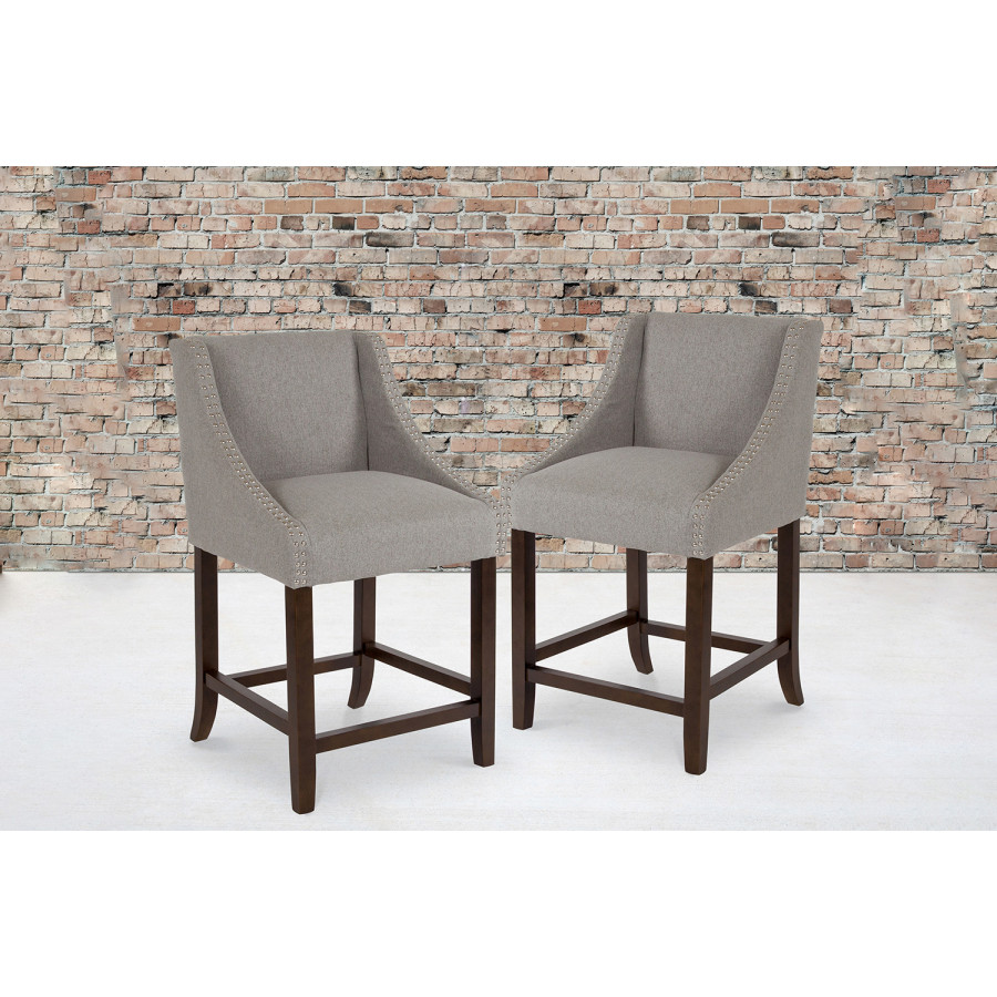 BLNK Carmel Series Fabric Transitional Walnut Counter Height Stool with Nail Trim Set of 2 - Light Gray