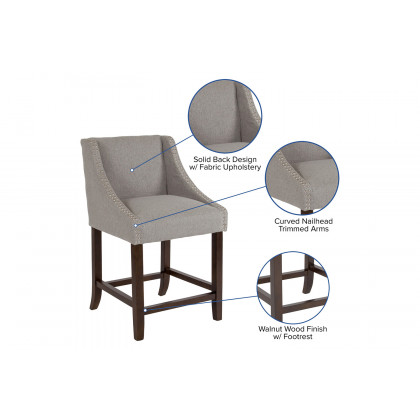 BLNK Carmel Series Fabric Transitional Walnut Counter Height Stool with Nail Trim Set of 2 - Light Gray