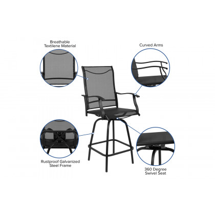 BLNK Valerie All-Weather Swivel Textilene Patio Bar Height Stools with High Back and Armrests Set of 2 - Black