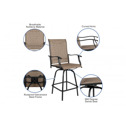 BLNK Valerie All-Weather Swivel Textilene Patio Bar Height Stools with High Back and Armrests Set of 2 - Brown