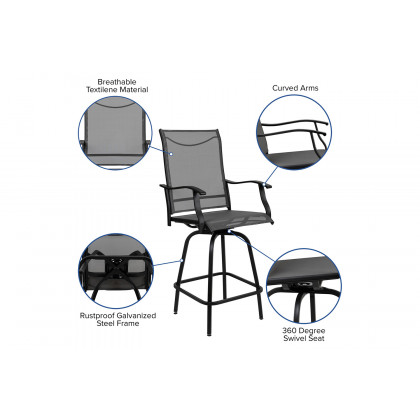 BLNK Valerie All-Weather Swivel Textilene Patio Bar Height Stools with High Back and Armrests Set of 2 - Gray