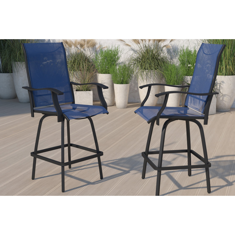 BLNK Valerie All-Weather Swivel Textilene Patio Bar Height Stools with High Back and Armrests Set of 2 - Navy