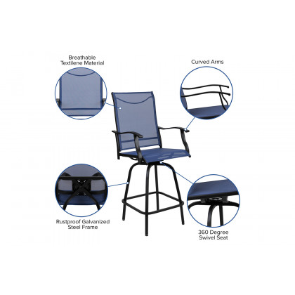 BLNK Valerie All-Weather Swivel Textilene Patio Bar Height Stools with High Back and Armrests Set of 2 - Navy