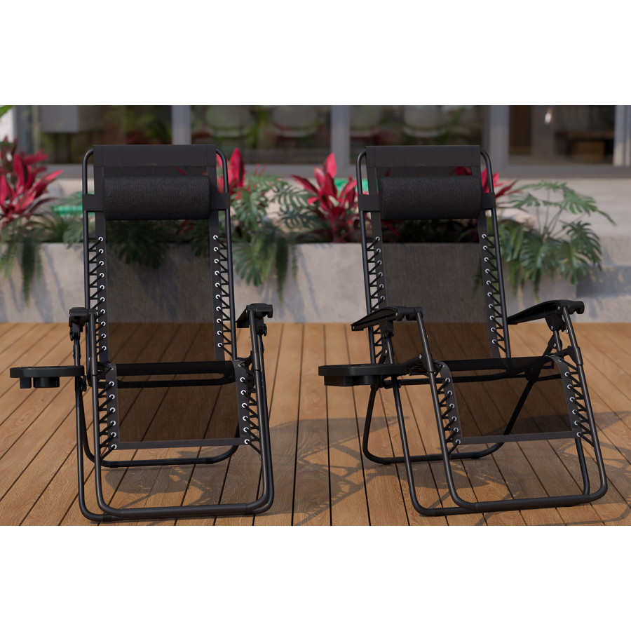BLNK Celestial Celestial Adjustable Folding Mesh Zero Gravity Reclining Lounge Chair with Pillow and Cup Holder Tray Set of 2 - Black