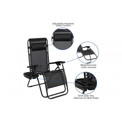 BLNK Celestial Celestial Adjustable Folding Mesh Zero Gravity Reclining Lounge Chair with Pillow and Cup Holder Tray Set of 2 - Black