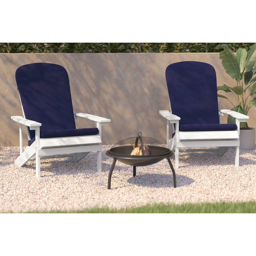 BLNK Charlestown All-Weather Poly Resin Wood Adirondack Chairs Set of 2 - White, with Blue Cushions