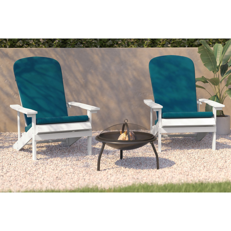BLNK Charlestown All-Weather Poly Resin Wood Adirondack Chairs Set of 2 - White, with Teal Cushions