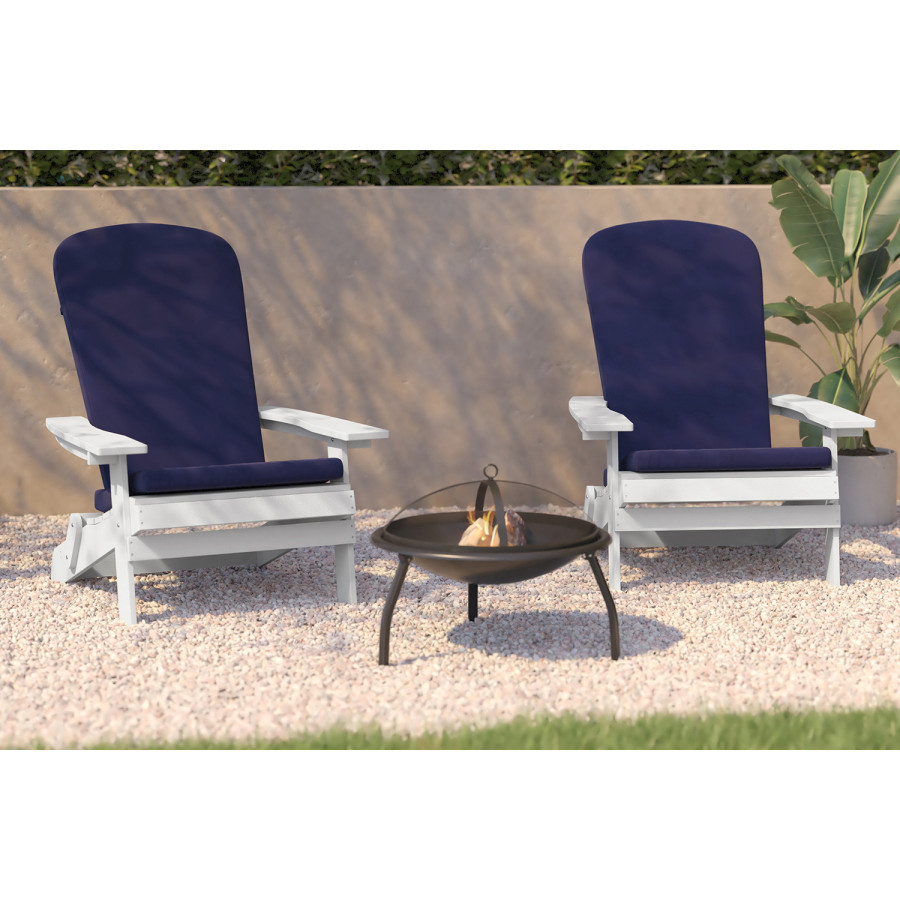 BLNK Charlestown All-Weather Poly Resin Folding Adirondack Chairs Set of 2 - White, with Blue Cushions
