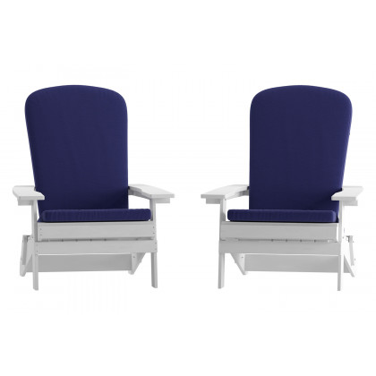 BLNK Charlestown All-Weather Poly Resin Folding Adirondack Chairs Set of 2 - White, with Blue Cushions