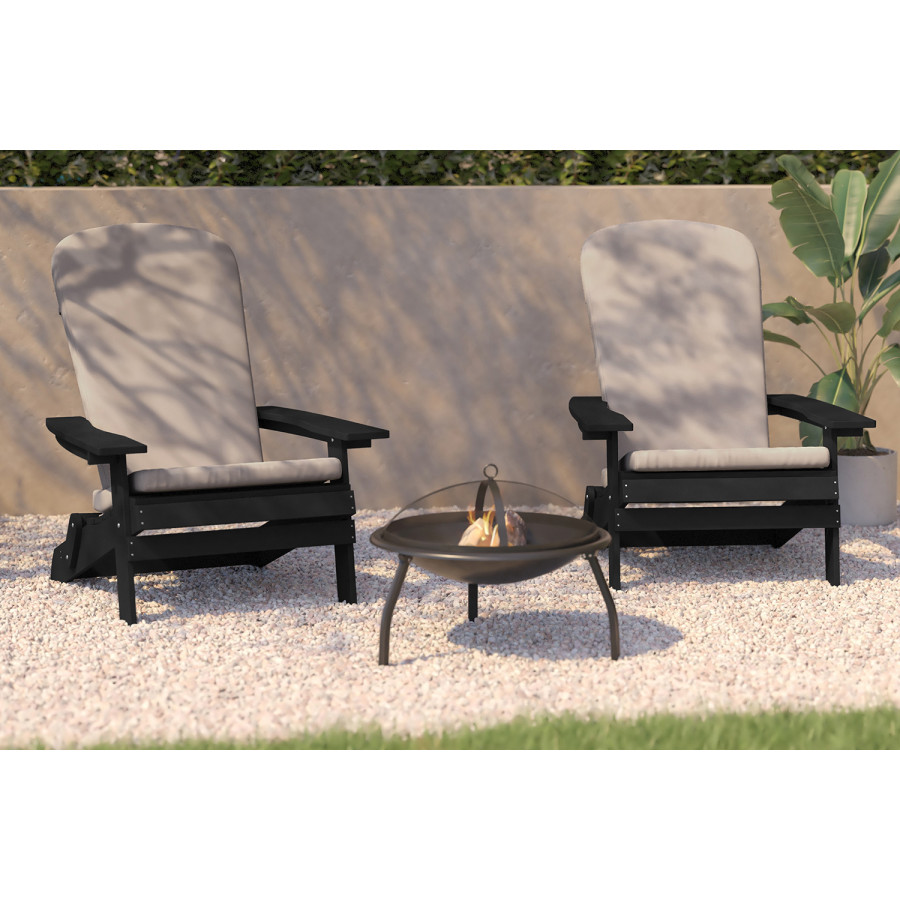 BLNK Charlestown All-Weather Poly Resin Folding Adirondack Chairs Set of 2 - Black, with Cream Cushions