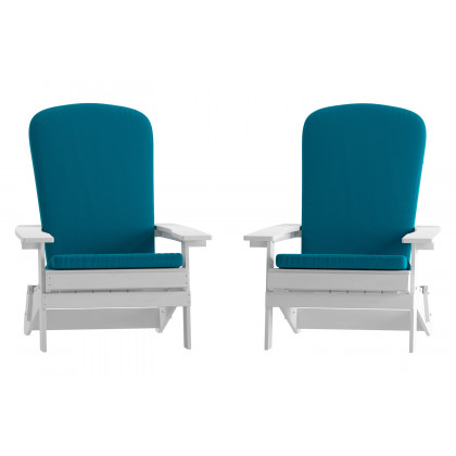 BLNK Charlestown All-Weather Poly Resin Folding Adirondack Chairs Set of 2 - White, with Teal Cushions