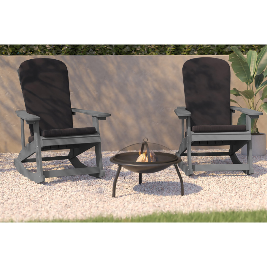 BLNK Savannah Poly Resin Wood All-Weather Adirondack Rocking Chairs with Gray Cushions for Deck, Porch, and Patio Set of 2 - Gray