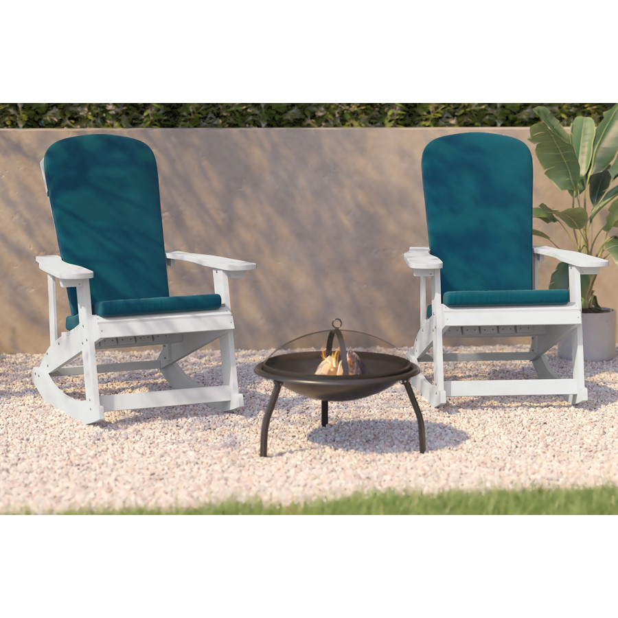 BLNK - Savannah Poly Resin Wood All-Weather Adirondack Rocking Chairs with Teal Cushions for Deck, Porch, and Patio Set of 2
